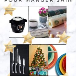 idées cadeaux : un abonnement à un magazine, des couteaux de cuisine, des tissus bee wrap, des assiettes colorées, cookeo ou un autocuiseur. Tout pour manger sain